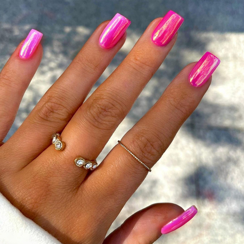 Mid-length European Square Barbie pink Aurora flash manicure sweet hot girl ins style fake nail mixed batch manicure