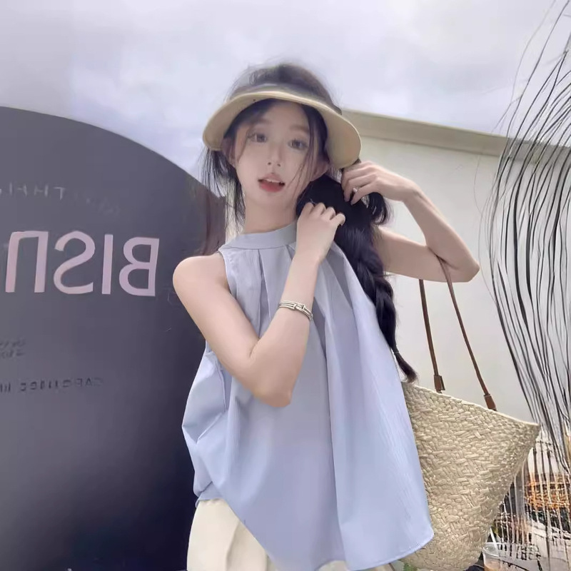 250g Korean Style Sleeveless Halter Shirt Women's Summer New Design Chic Pleated Blue Top Trendy