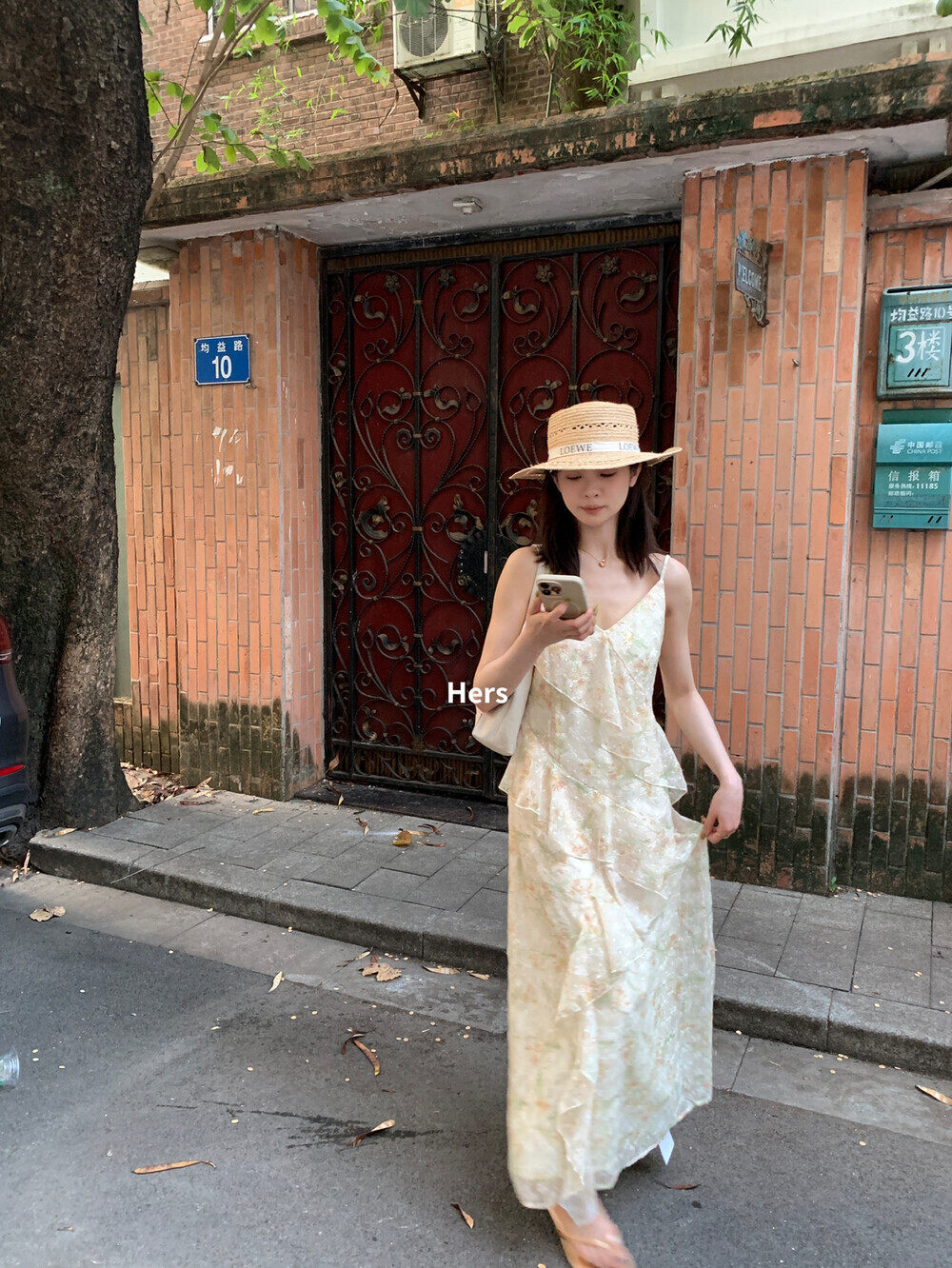 Đầm maxi nữ thắt eo họa tiết hoa nhí phong cách Pháp tay dây — màu hồng, màu tím, màu vàng chi tiết 12