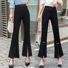 春秋季新款韩版高腰蕾丝喇叭裤松紧腰阔腿裤女九分裤长裤黑色