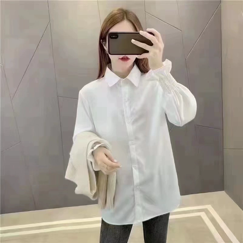 Настоящий выстрел 2023 новая весенне-осенняя рубашка в корейской версии белой рубашки с роговыми рукавами в академическом стиле, Женская мода с длинными рукавами