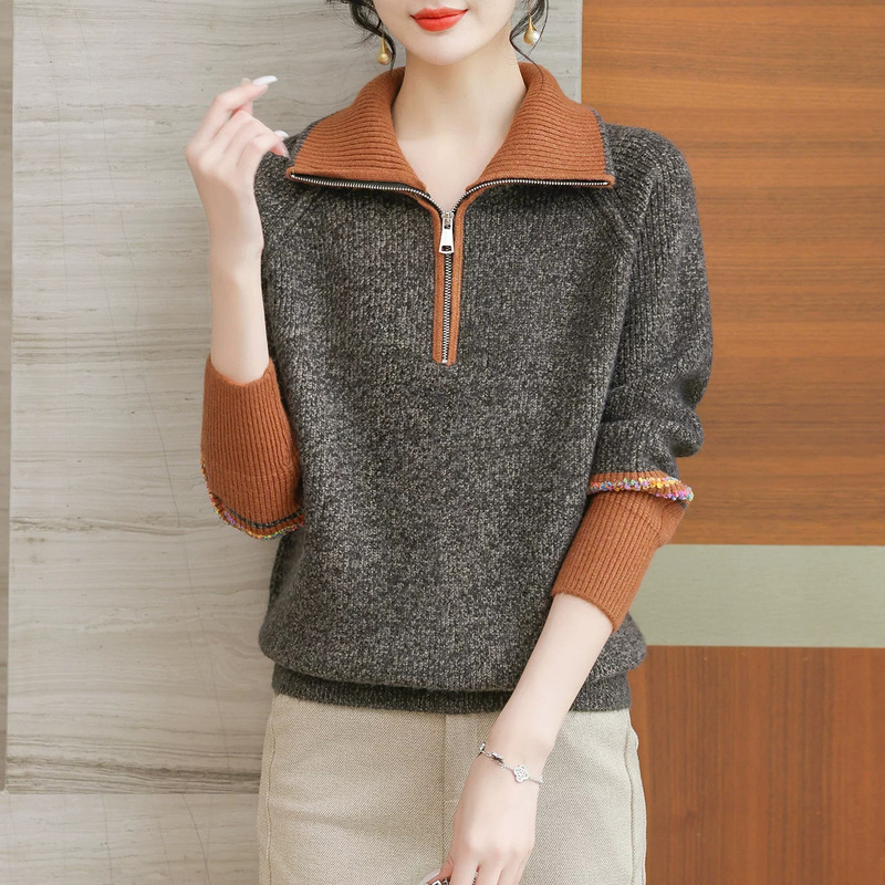 Half-zip, collared, thick knit sweater for women, 2026 autumn/winter new collection, loose-fitting, fashionable, casual knit top, suitable as a base layer Half-zip, collared, thick knit sweater for women, 2026 autumn/winter new collection, loose-fitting, fashionable, casual knit top, suitable as a base layer