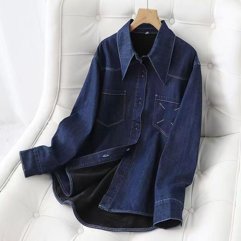 Popular Velvet Loose Thickened Denim Shirt Top Retro Light Blue Casual Autumn and Winter Girl Jacket Shirt for Women