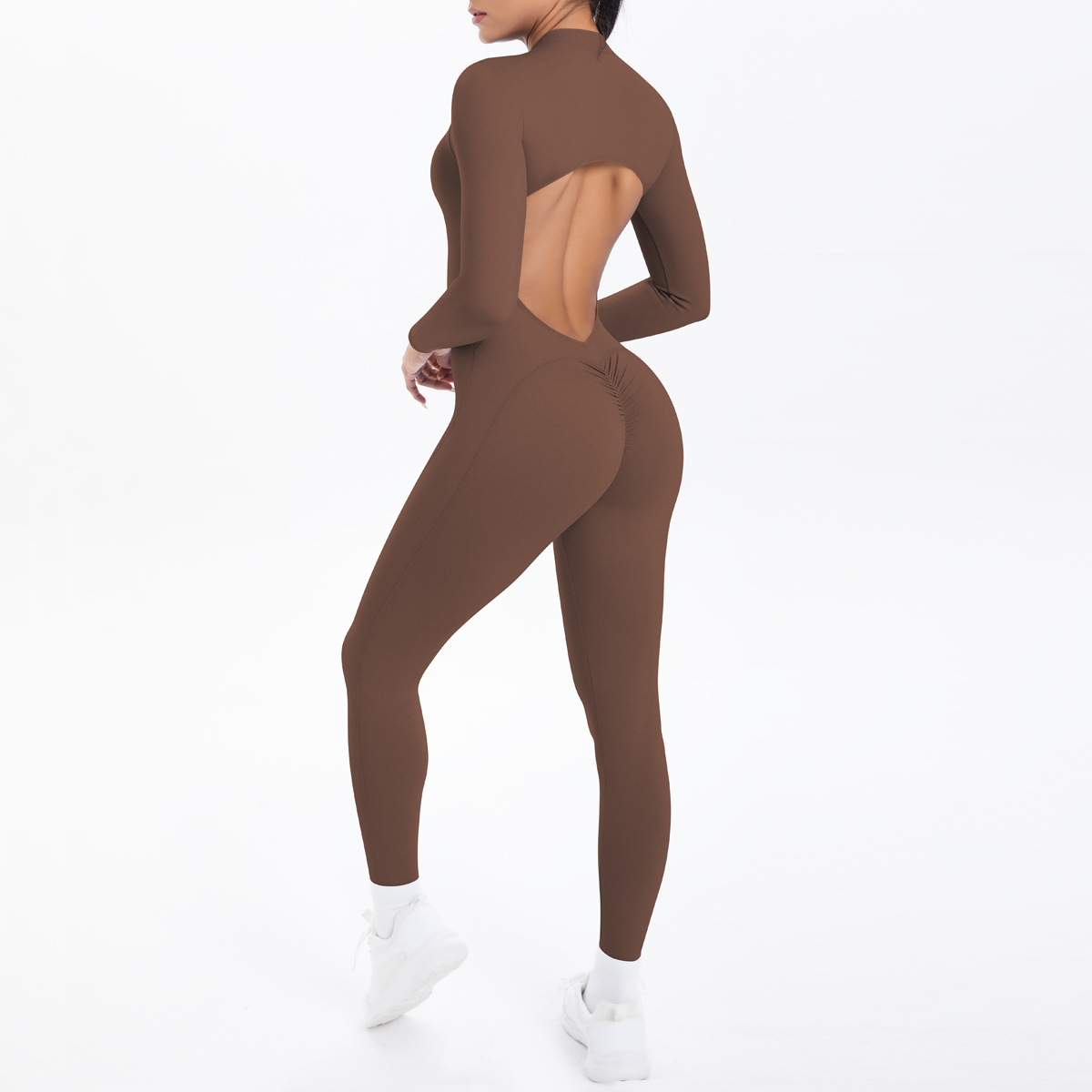 Nuova tuta a maniche lunghe con schiena scoperta, tinta unita e doppio strato in broccato, per sport, corsa, fitness e yoga_voghion.com