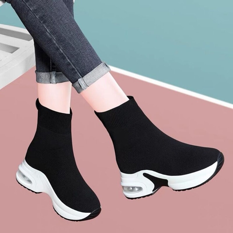 Women's Height-Increasing Boots with Cut-Out Design, New Spring and Autumn Style, Elastic Knit Sports Casual Sock Short Boots