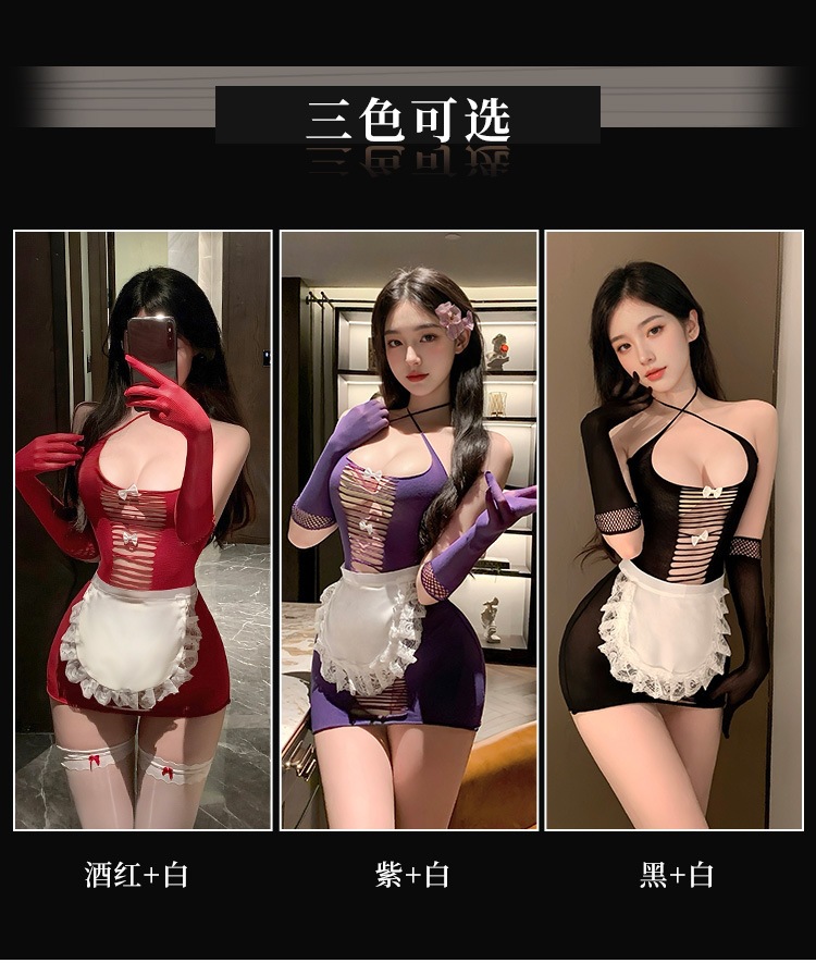 Feimu Maid Mesh Lingerie Set with Apron and Gloves, Sheer Open-Chest Costume — detail image 17