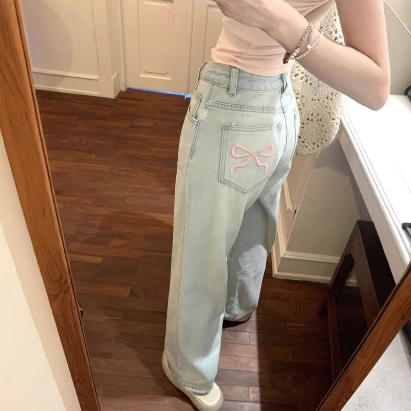 Embroidered Washed Used Jeans Women's Summer High Waist light blue Wide Leg Pants Small Loose Straight Pants Embroidered Washed Used Jeans Women's Summer High Waist light blue Wide Leg Pants Small Loose Straight Pants