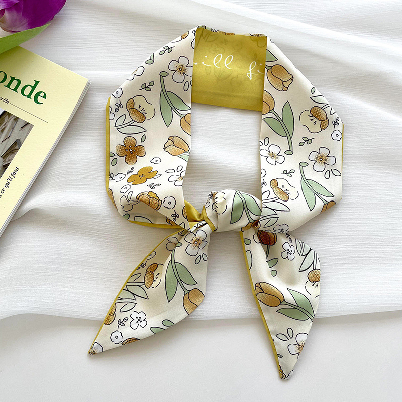 Amarillo Blanco pequeña bufanda de seda para las mujeres de primavera y verano delgada tira estrecha corbata de pelo bolsa decoración de alta sentido bufanda banda de pelo cinta