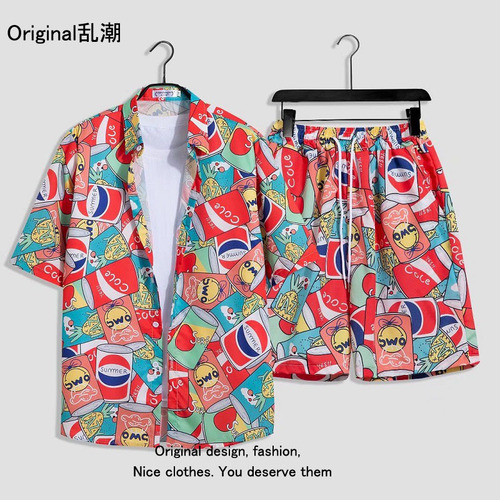 Hawaiian Beach Vacation Style Short-Sleeve Set for Men and Women, Loose Couple Shorts and Flowered Shirt, Casual Two-Piece Set