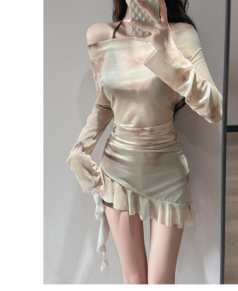 Women's Retro Three Piece Swimsuit Set Long Sleeved Bikini Slimming Flattering Irregular Skirt Style For Hot Springs_ecoleips.com