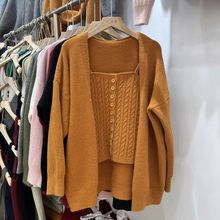 秋季韩系慵懒风麻花针织背心+v领宽松简约纯色开衫外套两件套装女