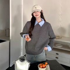 假两件衬衫领毛衣女秋装新款内搭慵懒风撞色翻领灰色针织衫上衣服
