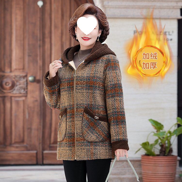 中老年妈妈冬装加绒毛呢棉服新款女装时尚洋气加厚连帽棉袄中长款
