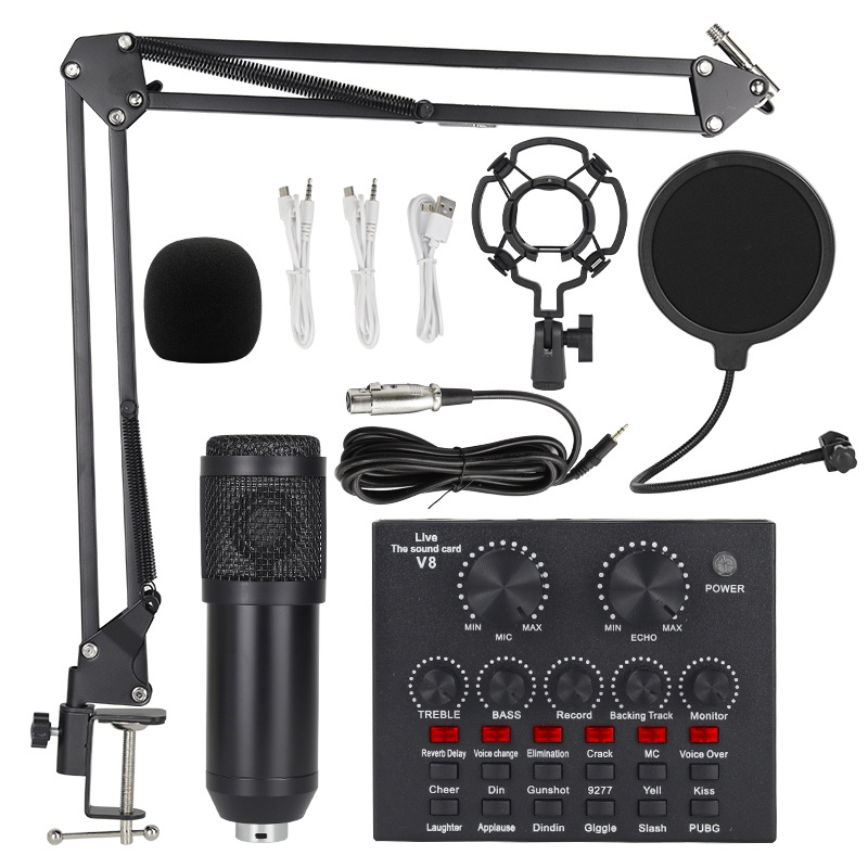 Cross-Border Condenser Microphone Bm800+V8S Mobile Phone Sound Card Anchor Computer Recording Bracket Live Broadcast Complete Set