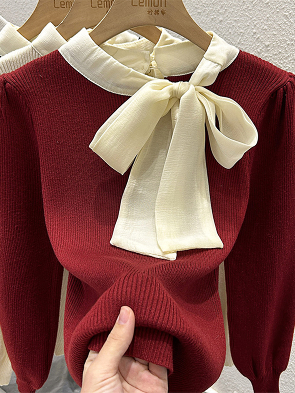 大甩卖渗漏~外贸春秋季对比色蝴蝶结带毛衣女式下摆衬衫针织内搭