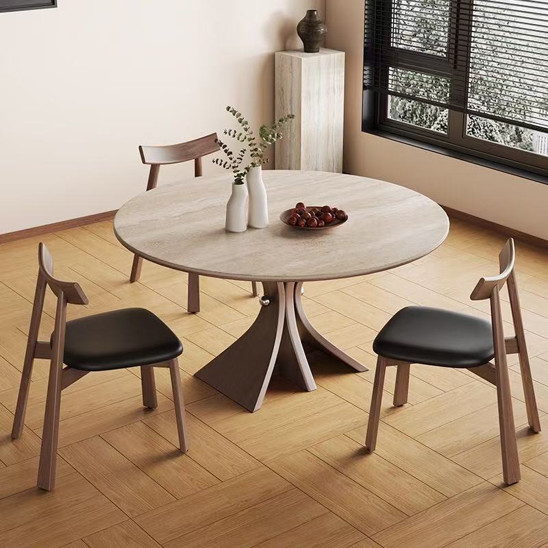 Mesa de comedor de tablero de roca de travertino de madera maciza americana, hogar francés de celebridades de Internet, mesa redonda de tablero de roca de pequeño apartamento de estilo antiguo moderno