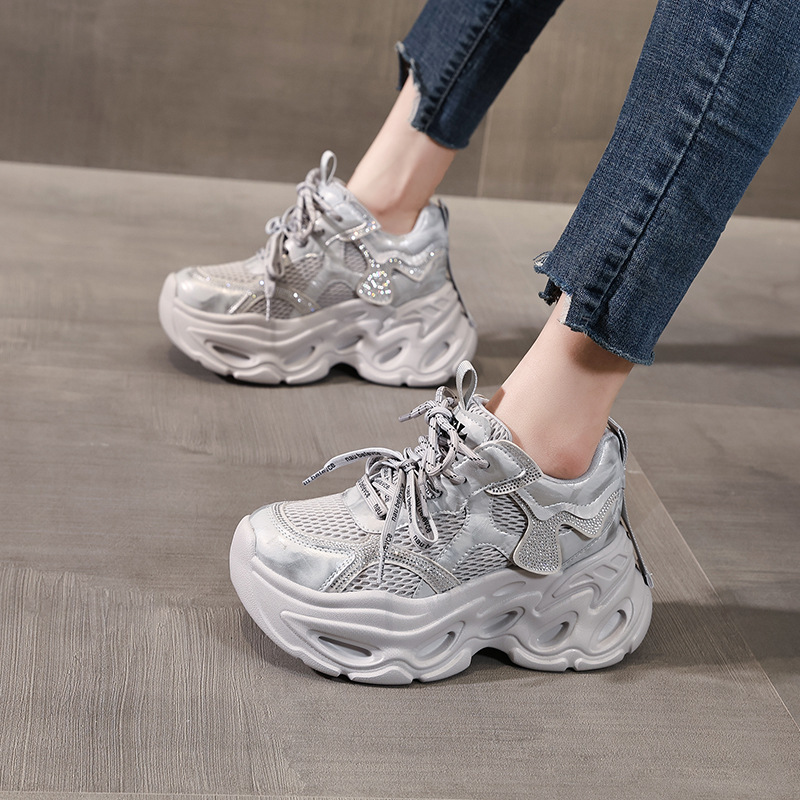 Giày sneaker nữ chunky đế dày tăng chiều cao, đính đá rhinestone, phong cách thể thao — Màu súng