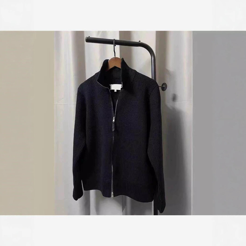 Margiela Style Stand-Up Collar Cardigan Knitwear Mm6 Sweater Leather Zipper Heavy Jacket Margiela Style Stand-Up Collar Cardigan Knitwear Mm6 Sweater Leather Zipper Heavy Jacket