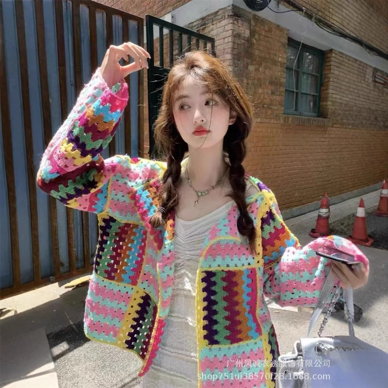 Colorful New Heavy-Duty Coat Loose Crochet Knitted Short Hollow Cardigan Women's Top Colorful New Heavy-Duty Coat Loose Crochet Knitted Short Hollow Cardigan Women's Top
