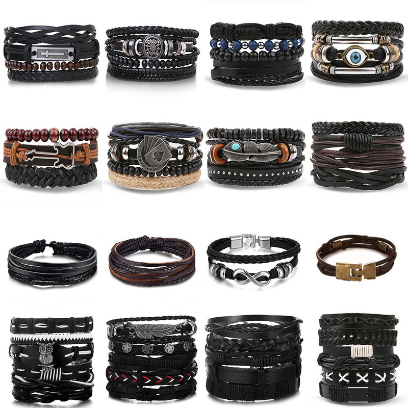 Retro Bead Bracelet Men's Fashion Hollow Triangular Leather Bracelet and Bracelet Multi-Layered Wide Wrap Jewelry