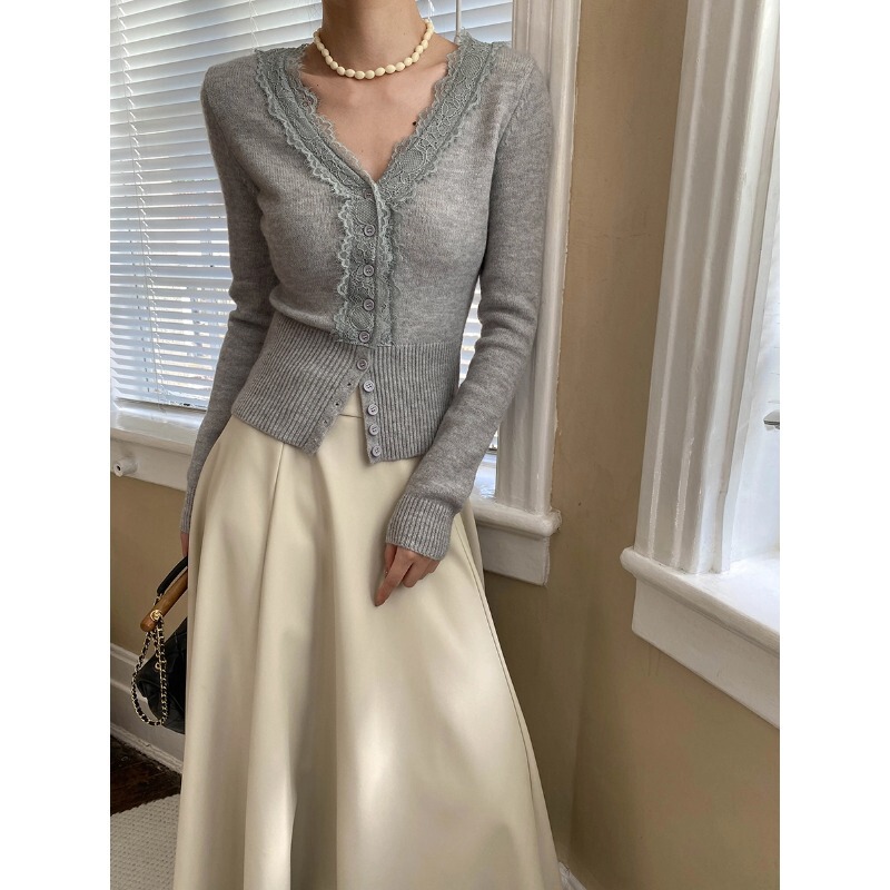Sinan Early Autumn New Style Eyelash Lace Splicing V Neck Design Slimming Look Knitted Cardigan Sn6912 Sinan Early Autumn New Style Eyelash Lace Splicing V Neck Design Slimming Look Knitted Cardigan Sn6912