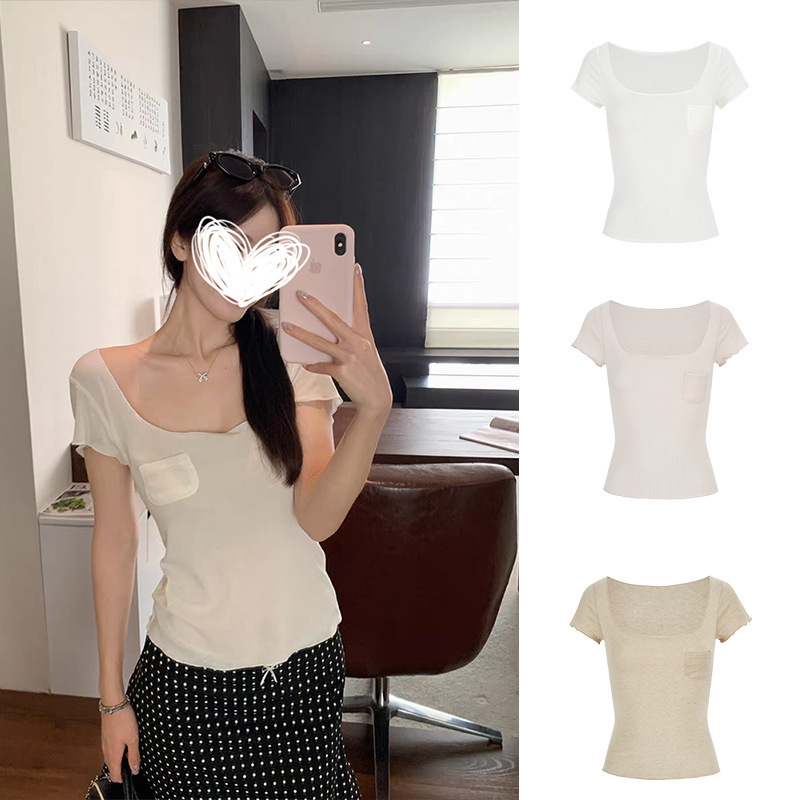 Moses Queen/Moses Queen Hot Girl Pure Desire Square Neck Slim Fit Slightly Transparent Short Sleeve T-Shirt Versatile Summer Top Moses Queen/Moses Queen Hot Girl Pure Desire Square Neck Slim Fit Slightly Transparent Short Sleeve T-Shirt Versatile Summer Top