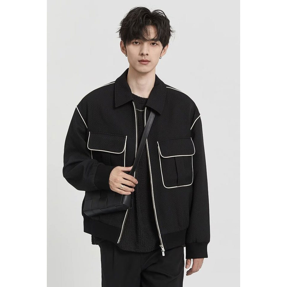 Wettbewerbsfähiger Stil schwarz-weißer Rand helle Linie High-End-Design Sinn Revers für Männer 2024 Frühling und Herbst lose_voghion.com