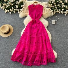 欧米のファッションの優雅な長いワンピースの女性の夏の重工の透かし彫りの刺繍の丸首の袖なしのウエストの大きい振り子のドレス