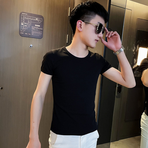 Summer men's t-shirt base shirt short sleeve slim fit half sleeve tight personalized fast fashion trendy round neck plain color versatile Instagram