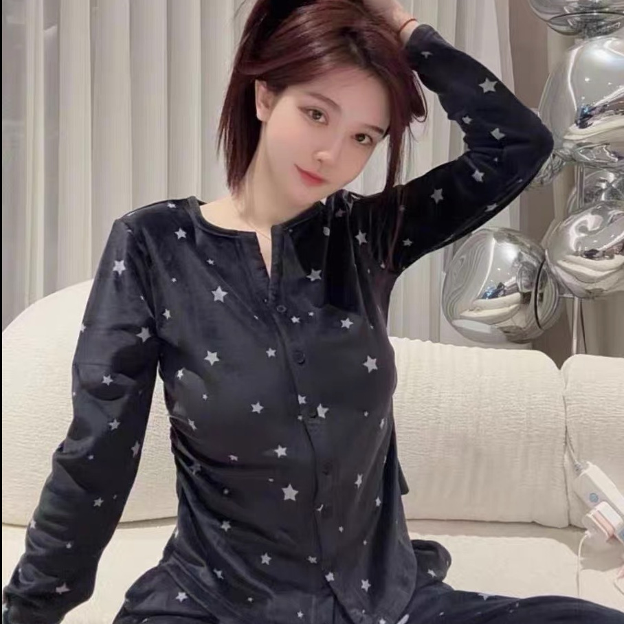 Pijamas de invierno al por mayor transfronterizos de terciopelo mujeres en vivo explosión estrella impresa cardigan lindos mangas largas ropa cálida de terciopelo para el hogar