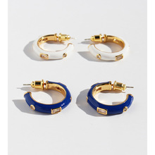 明星杨紫同款手绘白色珐琅中号C形耳圈小众蓝色精致锆石耳环女880