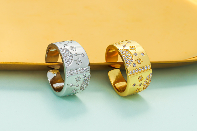 Copper Material Geometric Pattern Unisex Gender Plating Design Retro Micro-inlaid Zircon Star Moon Opening Wide Copper Ring Wholesale Nihaojewelry