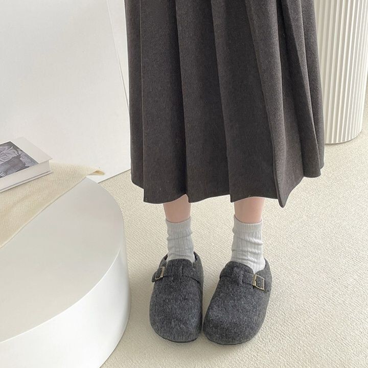 灰色勃肯鞋女厚底半拖鞋2025冬季新款外穿洋气毛呢鞋百搭毛毛女鞋|undefined