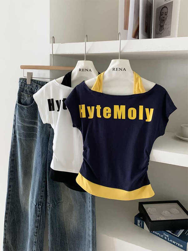 ホットガールワンショルダー半袖Tシャツ女性用2025夏新作フェイクツーピースホルターネックスリムフィットオフショルダートップイン|undefined