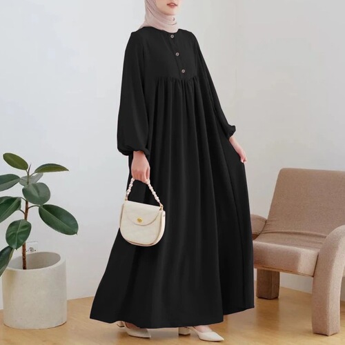 Malay Muslim women's clothing solid color robe loose dress fashionable casual lantern sleeve long dress elegant
