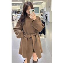 跨境批发 高级感棕色高领收腰中长款毛呢呢子大衣外套 7522250