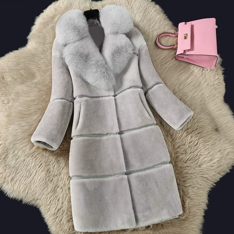 Sheep scissor 2024 autumn and winter new product stitching fur integrated medium -length imitation fox hair collar coat fur jacket