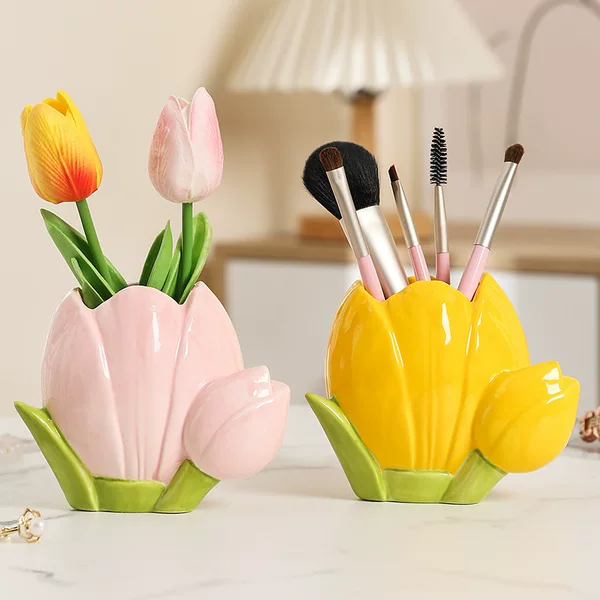 Tulip Flower Ceramic Vase Cute Ornaments Living Room Flower Arrange Dining Table Table Floral Decoration Cosmetic Pen Storage Bucket