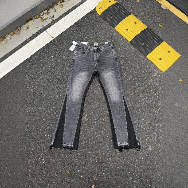 Correct Gallery Dept Denim Patchwork Full-Print Leather Patch Distressed Flared Jeans Washed and Aged Cross-Border Jeans