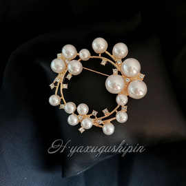 镶钻圆形珍珠复古胸针女胸花别针配饰品开衫外套大衣领针文艺风