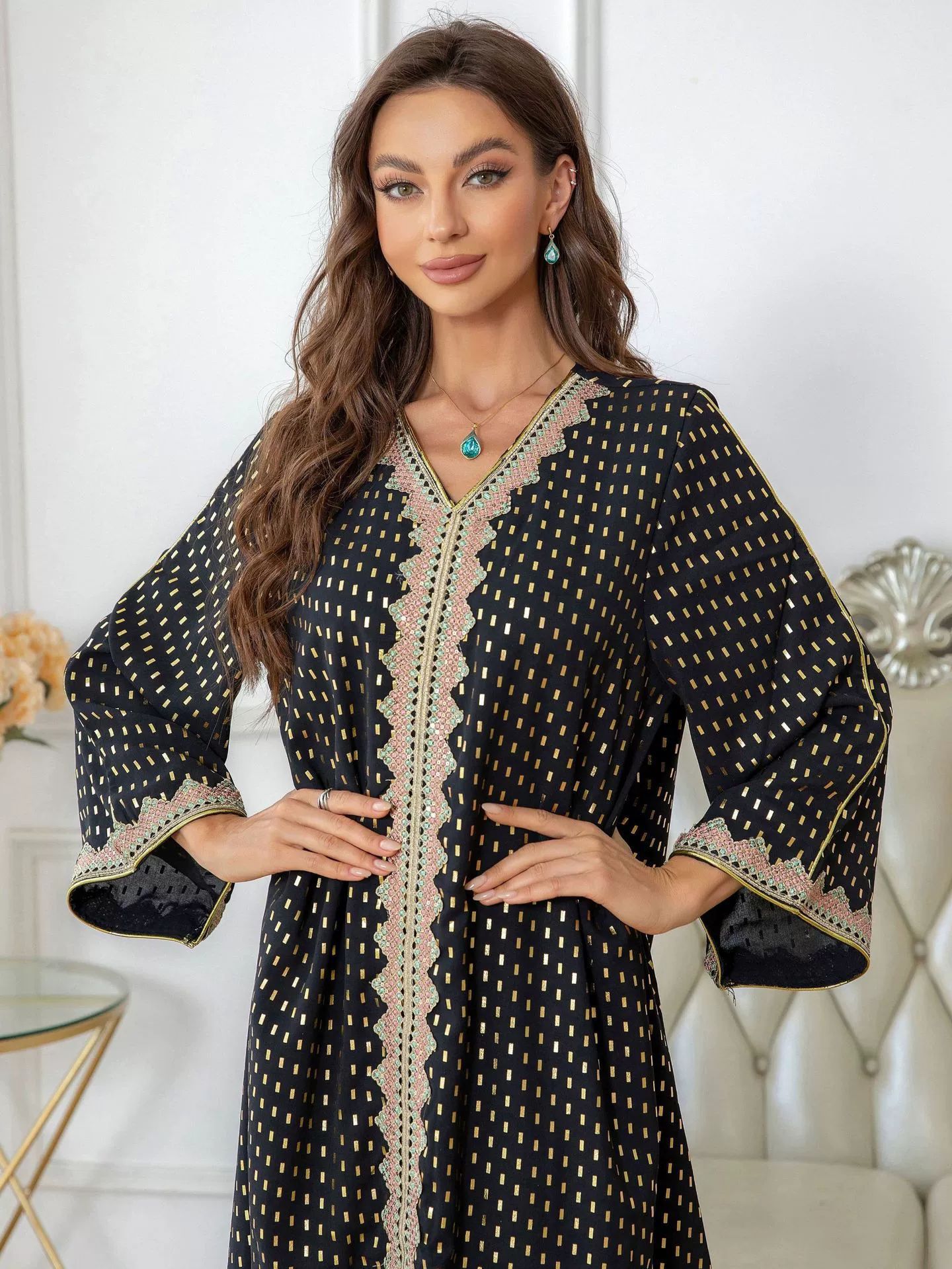 Elegant Muslim Robe With Gold Embossing And Lace Detail_voghion.com