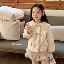 大小卷女童童装秋冬装甜美绣花翻领格子棉服棉袄外套-71121