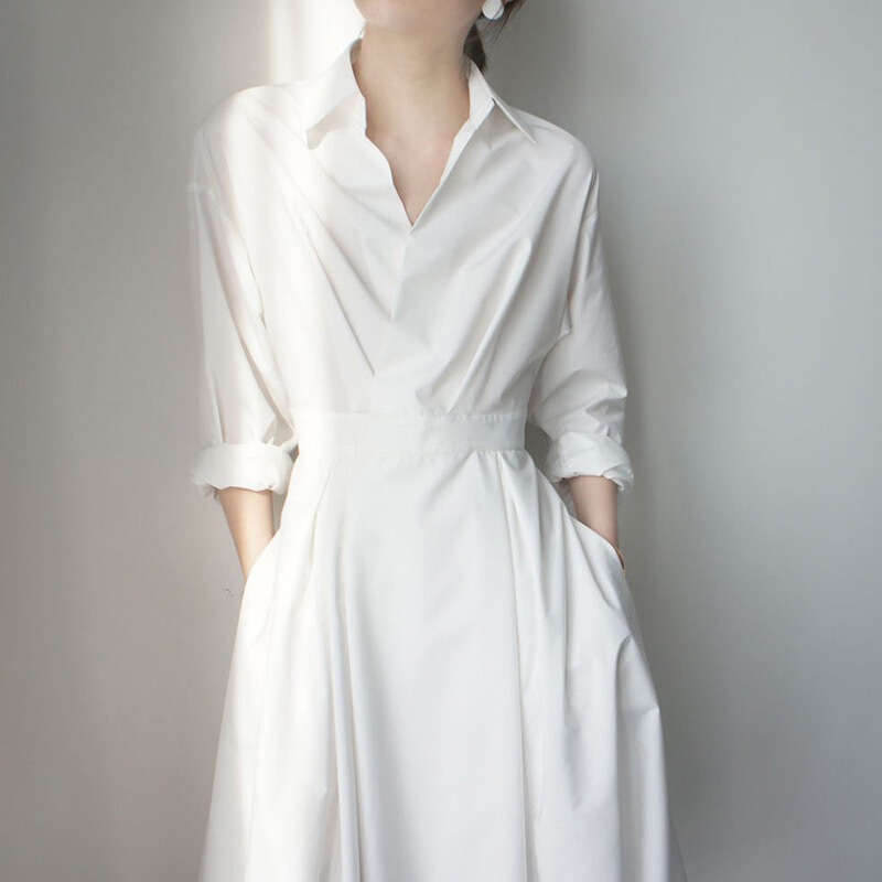 Foreign Trade New Women's Clothing French High-end Shirt Dress Long Temperament Long Dress White dress Women's Summer