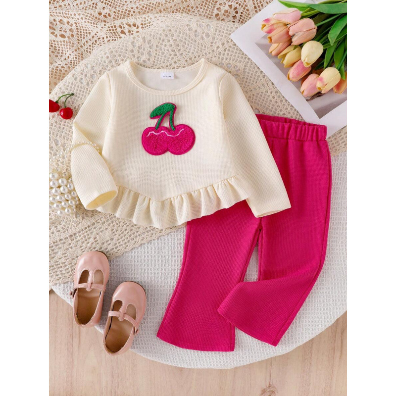 Cherry Embroidered Ruffle Trim Bohemian Style Long Sleeve