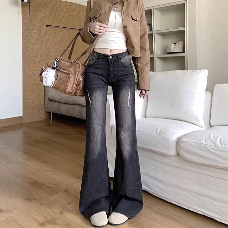 Low-Waisted Slim-Fit Flared Jeans for Women, Flattering and Not Tight on the Legs, Suitable for Petite Women, Floor-Length Bootcut Pants for Women