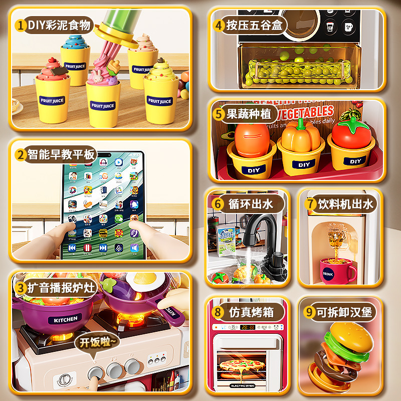 Función táctil de simulación de cocina infantil mesa de comedor refrigerador hamburguesas postres escenas caseras juguetes para niños y niñas