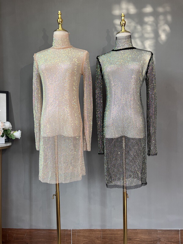 Autumn New Sexy Rhinestone Slim-fit dress Sparkling Base Dress Banquet Dress High Collar Mid-length Dress