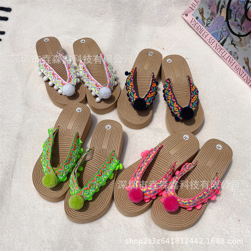 Fur Ball Tassel Bohemian Ethnic Style New Flip-Flops Thick-soled Sandals and Slippers Summer Outfit Beach Seaside