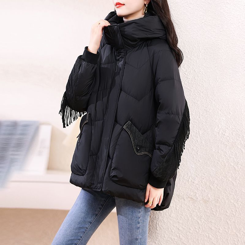 2025年冬装羽绒服女时尚韩版白鸭绒牛仔流苏拼接洋气外套跨境热销|undefined