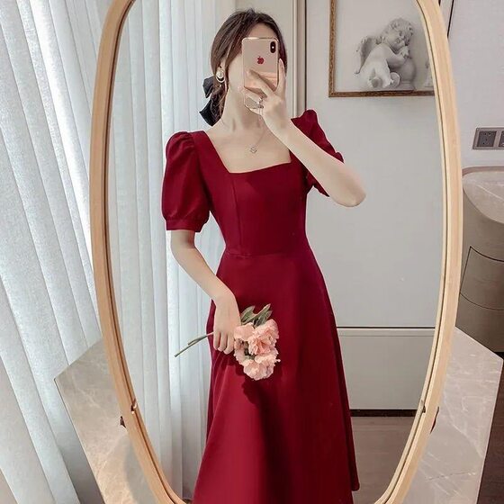 Hepburn Style Plus-Size Dress for Women, Summer Puff Sleeve, Large Size Women's Dress, Square Neck, Waist-Cinching, Slimming, Elegant, Over-The-Knee Long Dress